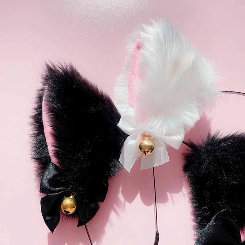 Lace Cat Ears Headband with Bow & Bel