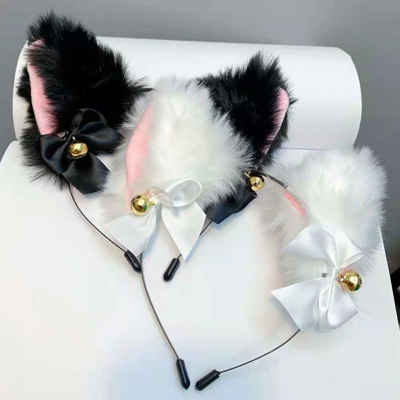Lace Cat Ears Headband with Bow & Bel