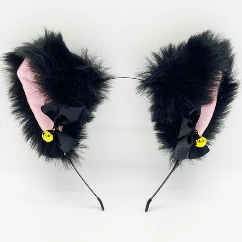 Lace Cat Ears Headband with Bow & Bel