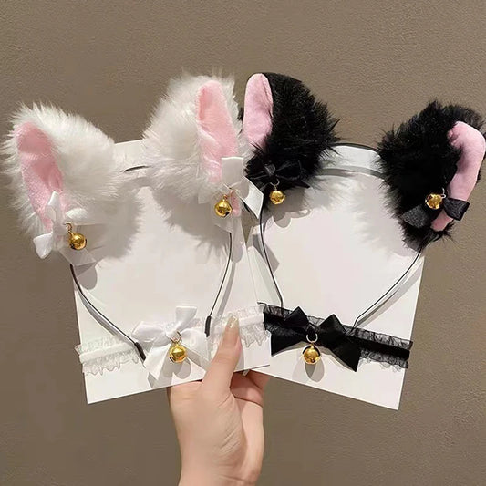 Lace Cat Ears Headband with Bow & Bel